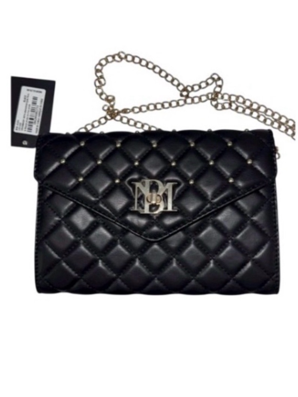 Badgley Mischka Bag Elegant Black Quilted with gold tone studs & chain strap NWT
